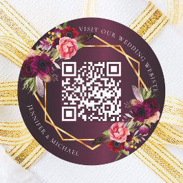 Burgundy rosa Flora Gold geometrische QR Hochzeit Runder Aufkleber
