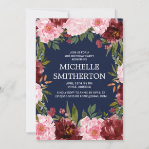 Burgundy Rosa Floral Navy Blau 90. Geburtstag Einladung