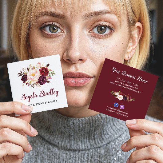 Burgundy Rosa Floral Rustikaler Chic Persönlich Quadratische Visitenkarte