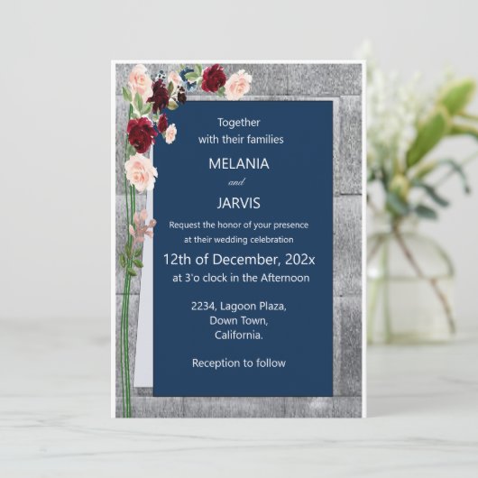 Burgundy Rosa Forest Green Navy Blush Wedding Einladung (Stehend Vorderseite)