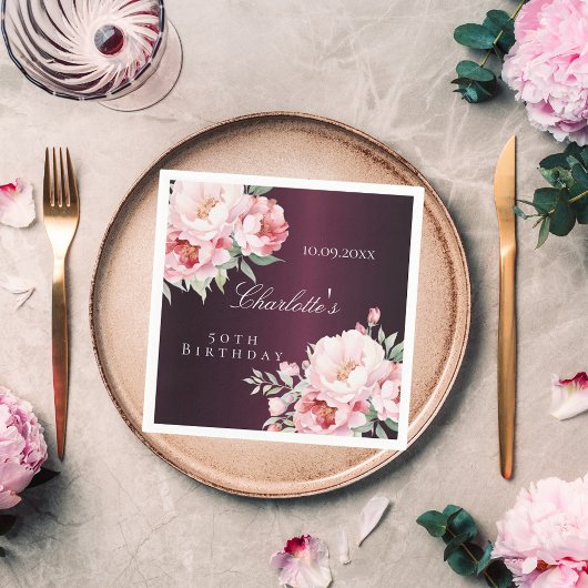 Burgundy rosa Rosenflorchen Eleganter Geburtstag Serviette