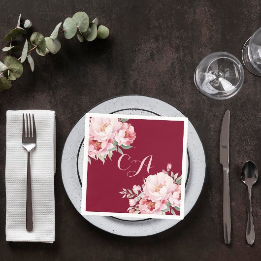 Burgundy rosa Roses Florals Monogramm Geburtstag Serviette