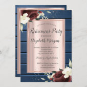 Burgundy-Rose, Blue Wood Rose Gold Rente Einladung (Vorne/Hinten)