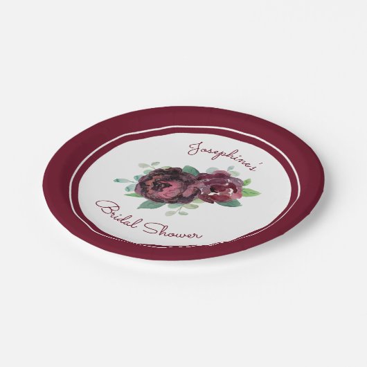 Burgundy Rose Blumenkohl Brautparty Pappteller (Schrägansicht)