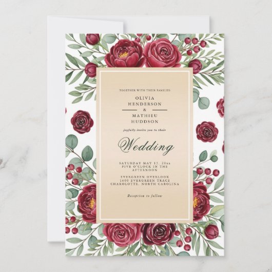 Burgundy Rose Botanical Wedding Einladung (Vorderseite)