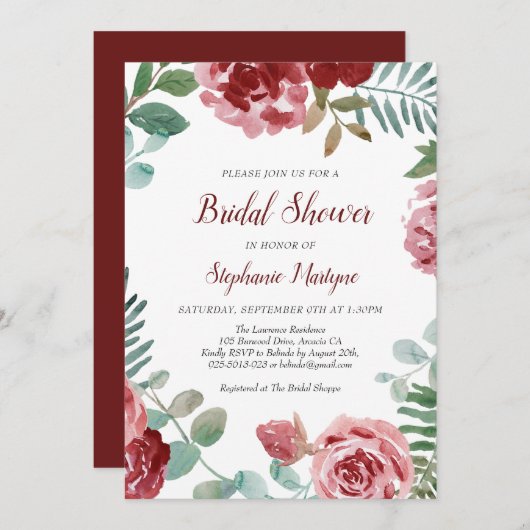 Burgundy Rose Botanisches Brautparty Einladung (Vorne/Hinten)