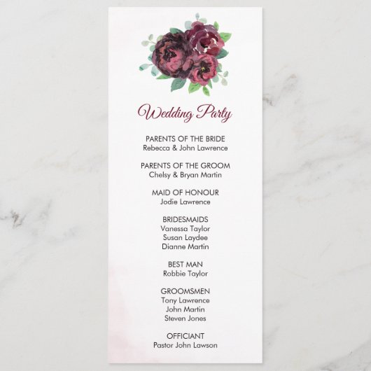 Burgundy Rose Bouquet Hochzeitsfeier Programm (Rückseite)