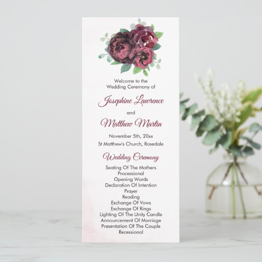 Burgundy Rose Bouquet Hochzeitsfeier Programm (Stehend Vorderseite)