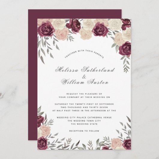 Burgundy Rose Dusty Blush Pink Wedding Einladung (Vorne/Hinten)