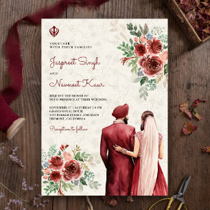 Burgundy Rose Floral Indian Punjabi Sikh Wedding Einladung