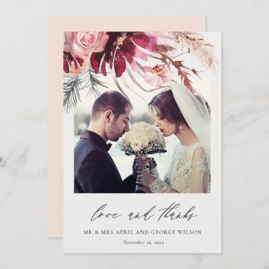 Burgundy Rose Floral Pampas Grass Foto Hochzeit Dankeskarte (Vorne/Hinten)