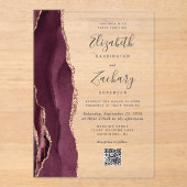 Burgundy Rose Gold Agate QR Code Wedding Acryleinladungen (Vorderseite)