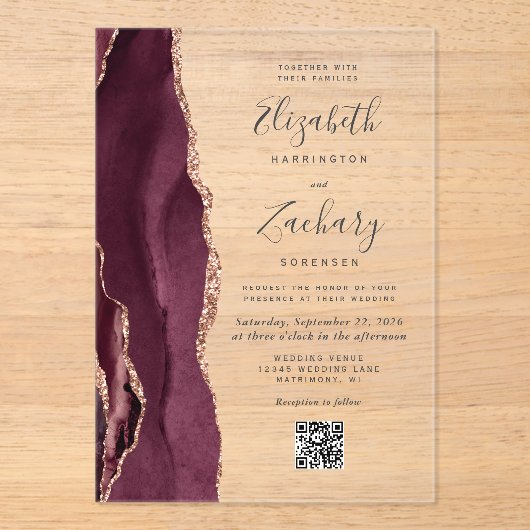 Burgundy Rose Gold Agate QR Code Wedding Acryleinladungen (Vorderseite)
