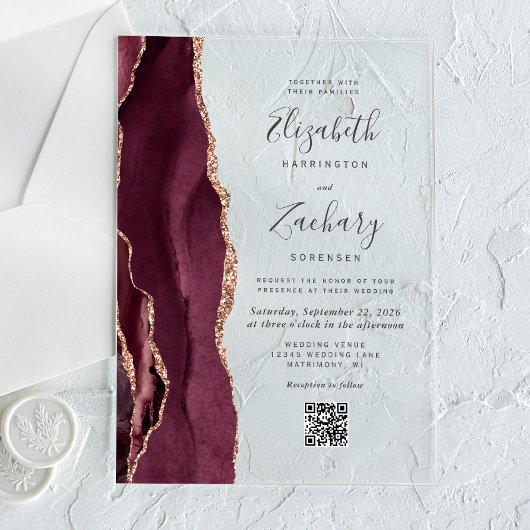 Burgundy Rose Gold Agate QR Code Wedding Acryleinladungen