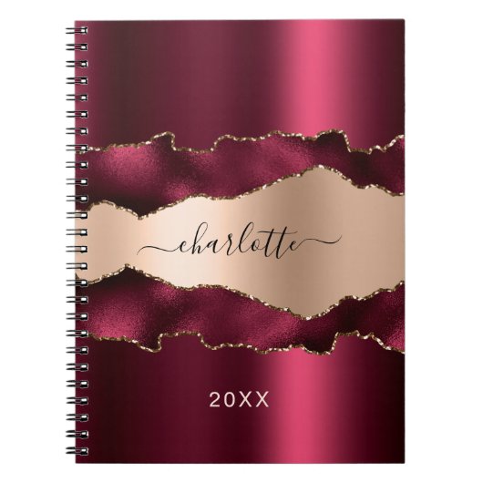 Burgundy Rose Gold Age Marmornamenskript Notizblock (Vorderseite)