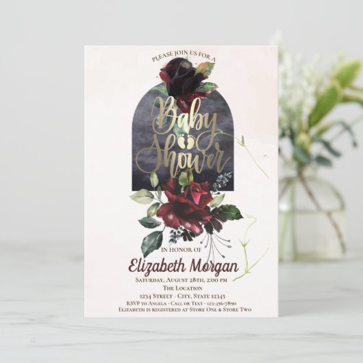 Burgundy Rose Gold Baby Dusche Einladung (Stehend Vorderseite)