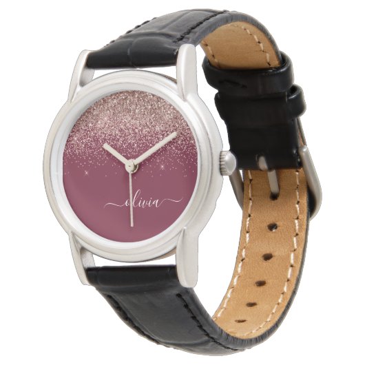 Burgundy Rose Gold Blush Pink Glitzer Monogram Armbanduhr (Schrägansicht)