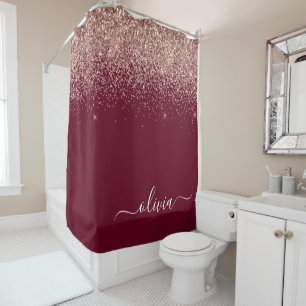 Burgundy Rose Gold Blush Pink Glitzer Monogram Duschvorhang