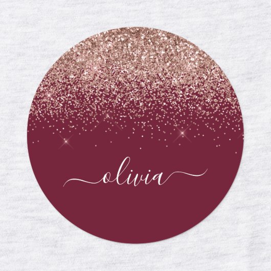 Burgundy Rose Gold Blush Pink Glitzer Monogram Etiketten (Design 1)