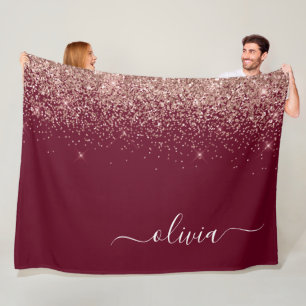Burgundy Rose Gold Blush Pink Glitzer Monogram Fleecedecke