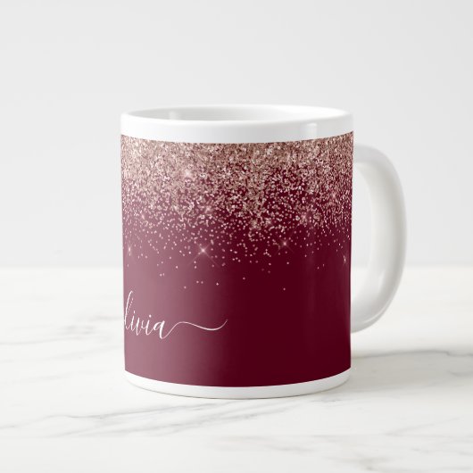 Burgundy Rose Gold Blush Pink Glitzer Monogram Jumbo-Tasse (Vorderseite Rechts)