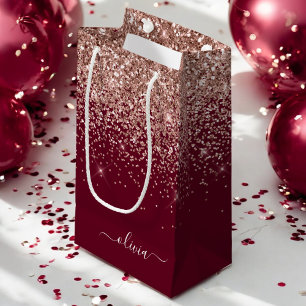 Burgundy Rose Gold Blush Pink Glitzer Monogram Kleine Geschenktüte