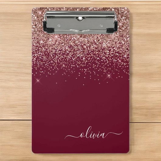 Burgundy Rose Gold Blush Pink Glitzer Monogram Mini Klemmbrett