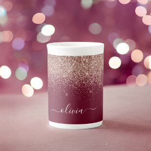 Burgundy Rose Gold Blush Pink Glitzer Monogram Porzellantasse