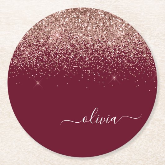 Burgundy Rose Gold Blush Pink Glitzer Monogram Runder Pappuntersetzer (Vorderseite)