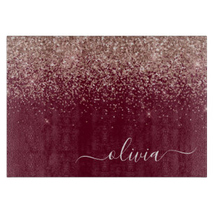 Burgundy Rose Gold Blush Pink Glitzer Monogram Schneidebrett