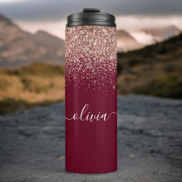 Burgundy Rose Gold Blush Pink Glitzer Monogram Thermosbecher