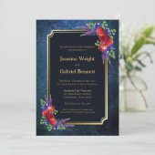 Burgundy Rose Gold Border Navy Blue Wedding Einladung (Stehend Vorderseite)