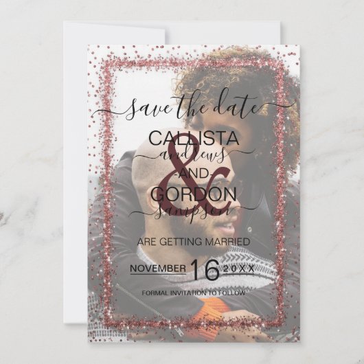 Burgundy Rose Gold Confetti Foto Wedding Save The Date (Vorderseite)