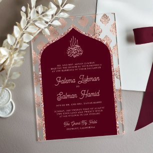 Burgundy Rose Gold Damaske Arch Muslime Hochzeit Acryleinladungen