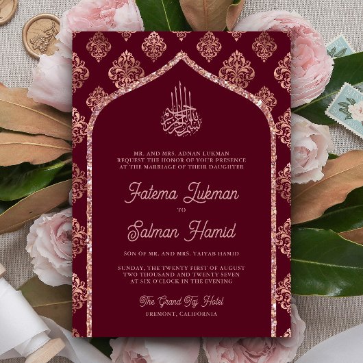 Burgundy Rose Gold Damaske Arch Muslime Hochzeit Einladung
