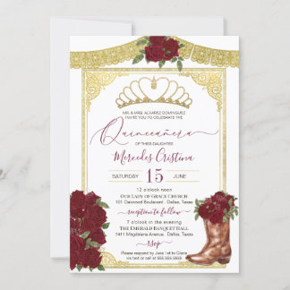 Burgundy Rose Gold Floral Boot Charro Quinceanera Einladung