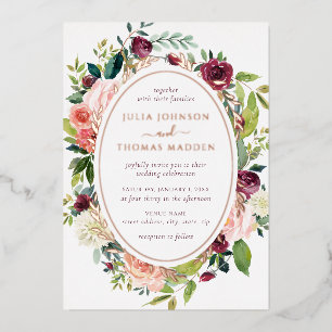 Burgundy Rose Gold Floral Foliage Hochzeit Folieneinladung