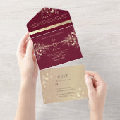 Burgundy Rose Gold Floral Wedding All In One Einladung (Abreißen)