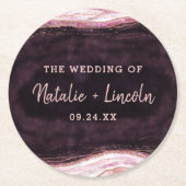 Burgundy & Rose Gold Geode Agate Marble Monogramm Runder Pappuntersetzer (Vorderseite)