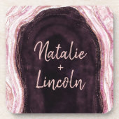 Burgundy & Rose Gold Geode Agate Wedding Monogram Getränkeuntersetzer (Vorderseite)