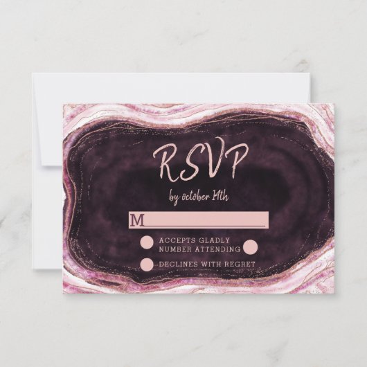 Burgundy & Rose Gold Geode Wedding RSVP Response Karte (Vorderseite)
