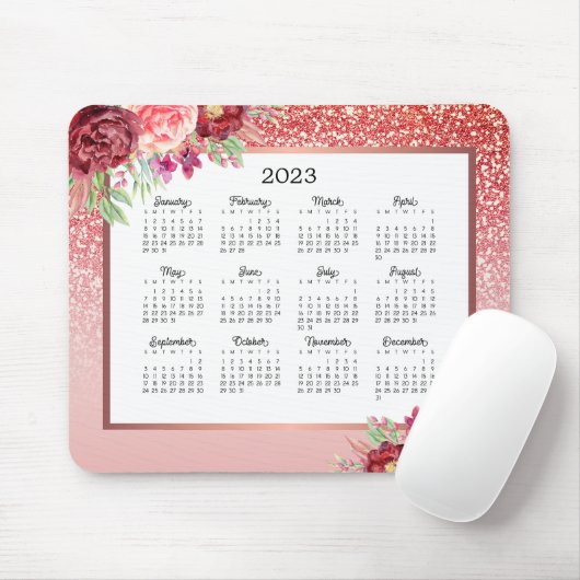 Burgundy Rose Gold Glitzer 2023 Kalender Mousepad (Mit Mouse)