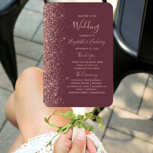 Burgundy Rose Gold Glitzer Edge Wedding Program Fächer