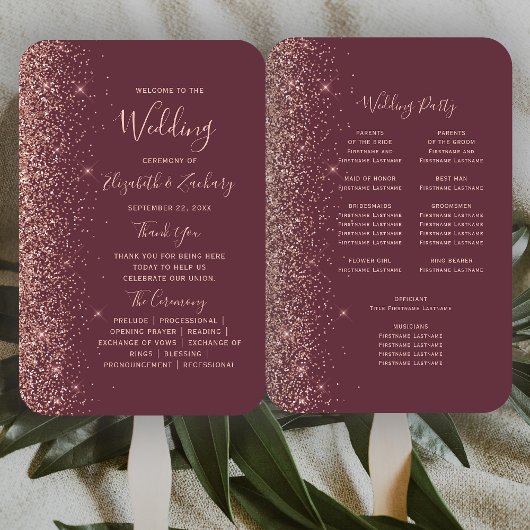 Burgundy Rose Gold Glitzer Edge Wedding Program Fächer