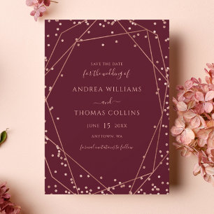 Burgundy Rose Gold Glitzer Geometric Wedding Save The Date