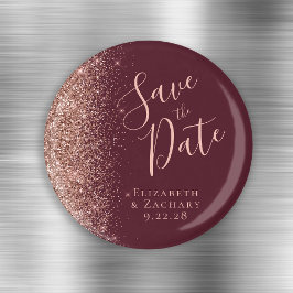 Burgundy Rose Gold Glitzer Skript Save the Date Magnet