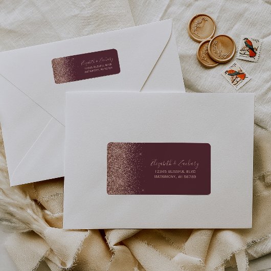 Burgundy Rose Gold Glitzer Wedding Rücksendeadress