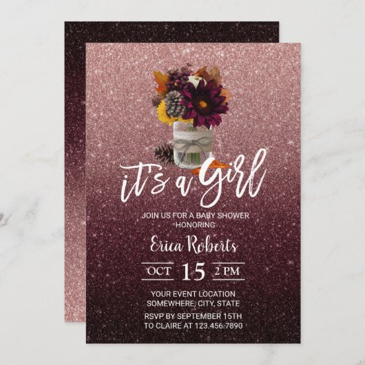 Burgundy & Rose Gold Herbstblütendusche Einladung (Vorne/Hinten)