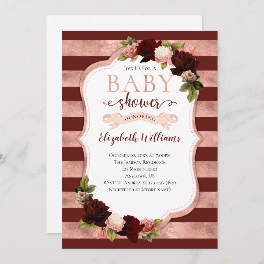 Burgundy Rose Gold Marsala Kinderdusche Einladung (Vorne/Hinten)