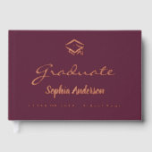 Burgundy Rose Gold-Name-Skript-Kappe Abschluss Gästebuch (Vorderseite)